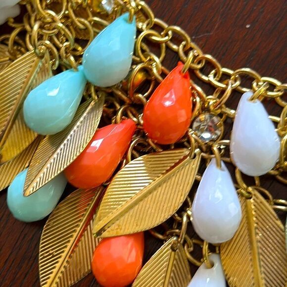 Betsey Johnson Colorful Bib Statement Necklace - Coral, Blue & White Leaves - Picture 4 of 7